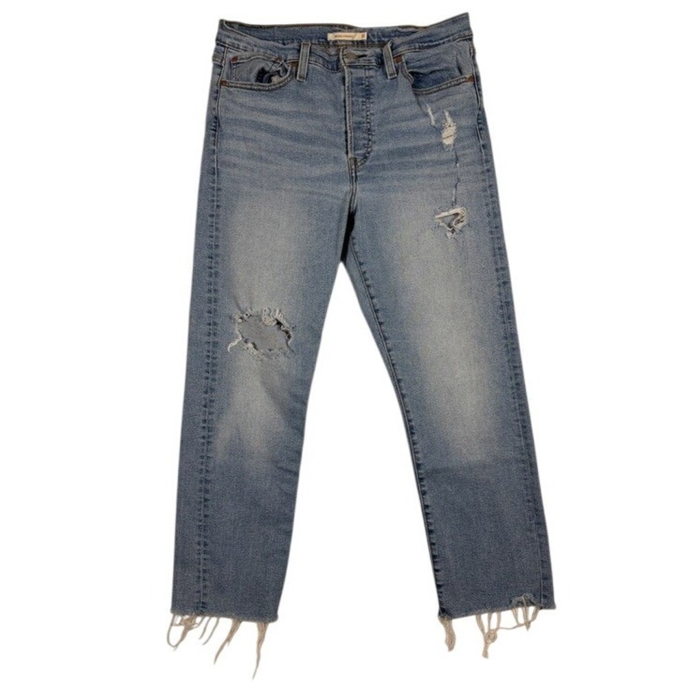 Levis Wedgie Straight Distressed High Rise Jeans Light Wash Blue‎ Size 32